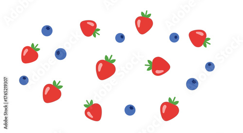 Vibrant red strawberries and plump blue blueberries scattered playfully, creating a delightful fresh fruit pattern perfect for summer designs.