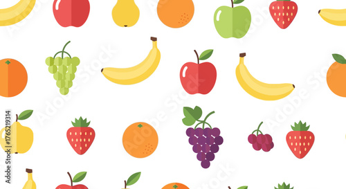 Vibrant seamless pattern of assorted fresh fruits, perfect for healthy food designs and vibrant packaging concepts.