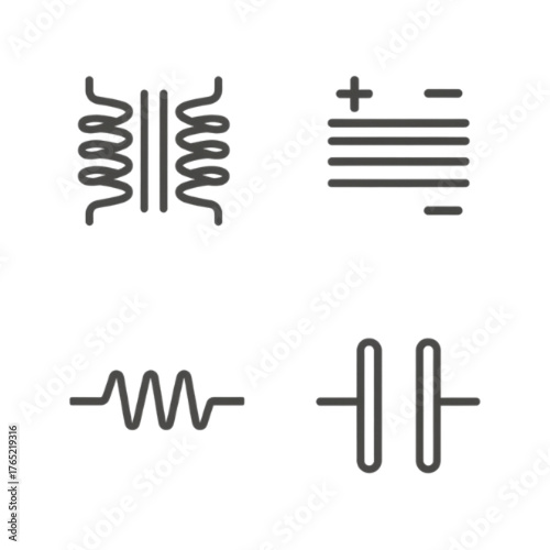 Line icons of common electronic components including a transformer, battery, resistor, and capacitor, representing basic electrical circuit elements.