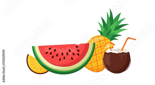 Vibrant tropical fruits and refreshing coconut drink evoke summer vacation vibes and exotic relaxation perfect for travel and lifestyle promotions