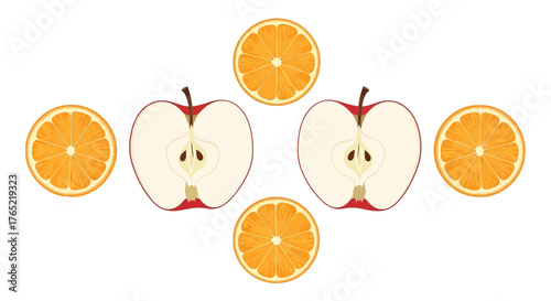 Vibrant sliced oranges and juicy apple halves arranged artistically, perfect for healthy eating and summer themes.