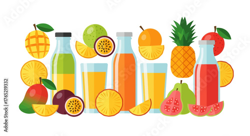 Vibrant collection of tropical fruits and fresh juices in bottles and glasses, perfect for healthy lifestyle promotions and summer refreshment themes