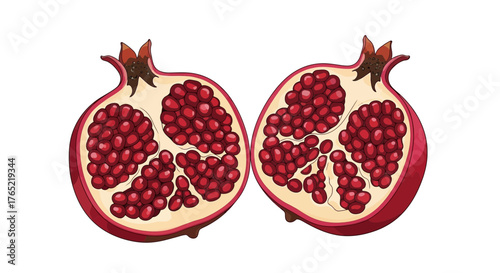 Vibrant, juicy pomegranate halves bursting with ruby red seeds, perfect for healthy eating and culinary inspiration