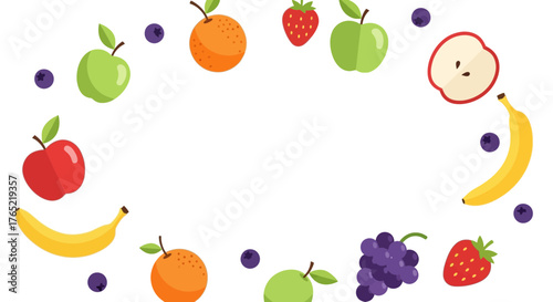 Vibrant arrangement of fresh fruits creating a playful and healthy border design perfect for food blogs and healthy living content