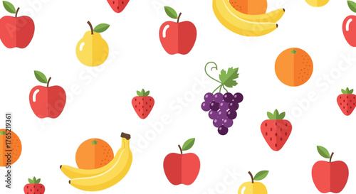 Vibrant, fresh fruit pattern featuring apples, bananas, grapes, oranges, pears, and strawberries for healthy living and food concepts