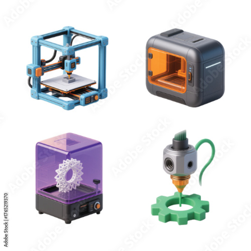 A collage of four different types of 3D printers, showcasing various designs and technologies in additive manufacturing.