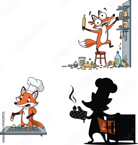 Funny Cartoon Fox Chef Baking and Cooking Mischief Vector Set
