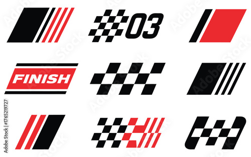 Vector graphic set of auto racing sport symbols, stripes and finish flags