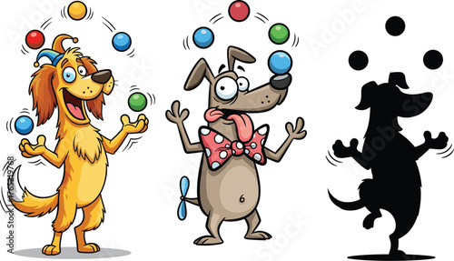 Funny Cartoon Juggling Dogs and Ball Vector Character Set