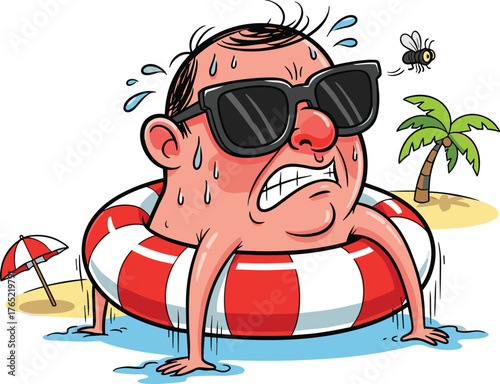 Funny Cartoon Man Sweating on a Tropical Beach Struggling in a Life Preserver