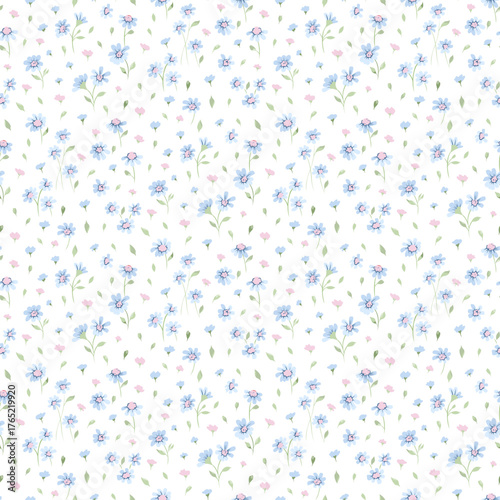 Flower pattern, ditsy floral seamless pattern. Hand drawn flower background. Small blue pastel pattern. Cute botanic meadow print. Wild floral flower pattern for fashion, fabric, textile, wallpaper