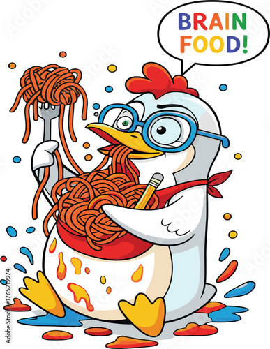 Funny Cartoon Penguin Eating Messy Spaghetti with Brain Food Text Bubble