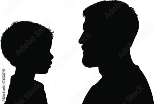 Child and adult silhouette, generational contrast, black and white art, family bond, mentorship theme, emotional connection, growth concept, profile view, symbolic relationship, unity