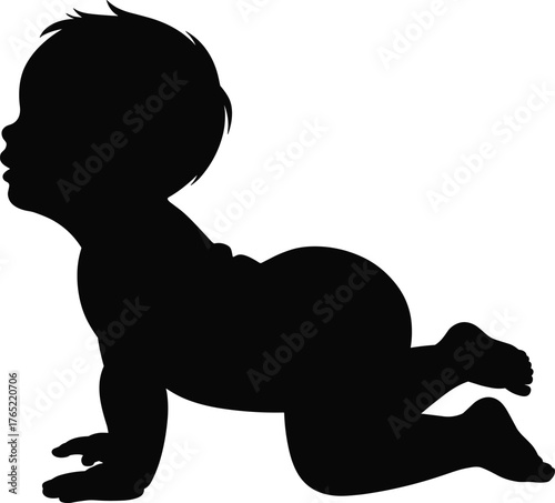 Crawling baby silhouette, black shape, early childhood, infant movement, hands and knees posture, child development, white background, anatomy study, parenting concept