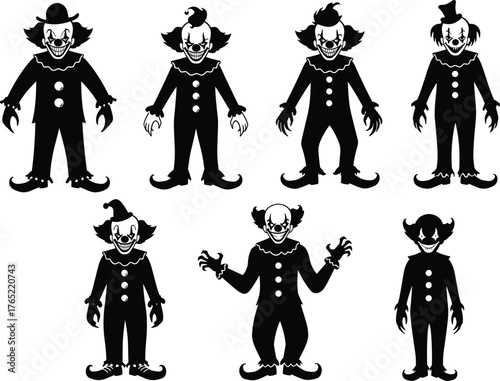 Creepy clown silhouette, horror character icon, spooky circus figure, black vector design, eerie clown graphic, Halloween theme art, sinister costume illustration, scary clown concept