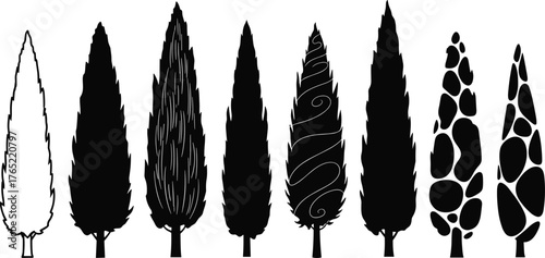 Cypress tree silhouettes, black and white illustration, stylized foliage design, nature inspired artwork, botanical structure concept, minimal style, artistic layout, vertical tree forms