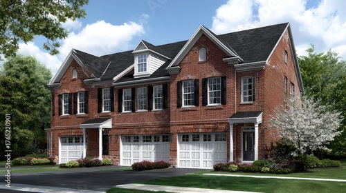 Wallpaper Mural Elegant Brick Townhouse with Lush Landscaping Under a Bright Blue Sky Torontodigital.ca