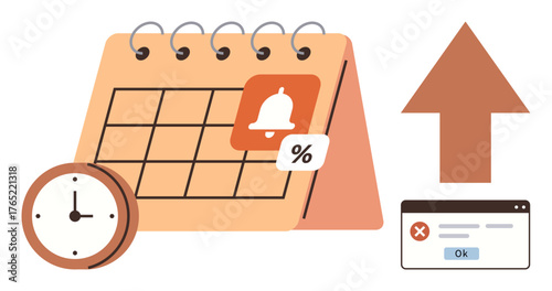 Desk calendar with reminder icon, clock, and arrow symbolizing time management, deadlines, and progress. Ideal for scheduling, planning, productivity, reminders time tracking workflow flat