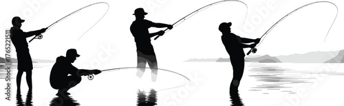 Fishing silhouettes at sunrise, peaceful lake scene, anglers in action, outdoor recreation, nature reflection, fishing techniques, tranquil water, scenic landscape, hobby lifestyle, calm morning