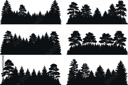Forest landscape silhouette, black nature graphic, pine tree scene, coniferous tree design, artistic foliage pattern, botanical vector, isolated forest element, landscape illustration, woodland shape