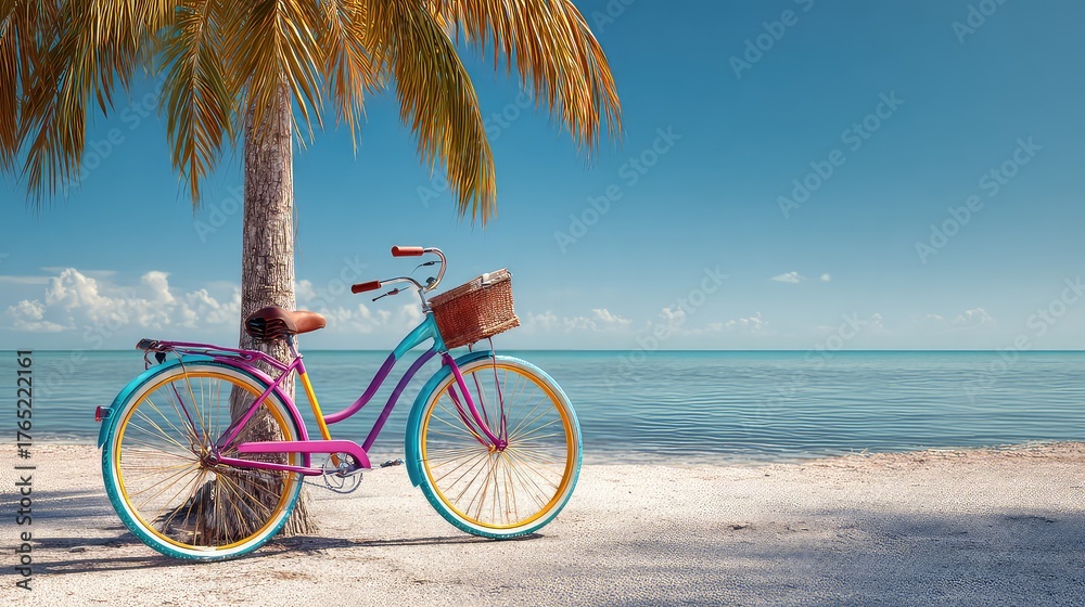 Fototapeta premium Colorful Vintage Bicycle by Palm Tree at Tranquil Beach with Clear Sky and Calm Water