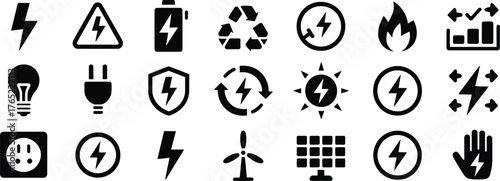 Electricity and renewable energy glyph vector set with lightning bolt battery plug solar panel and turbine icons – black pictogram collection for eco power safety engineering and industry