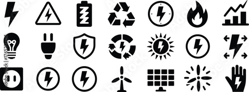 Renewable energy and electricity vector icons collection featuring solar panel wind turbine plug battery and lightning bolt – black glyph symbols for eco power generation and safety illustration