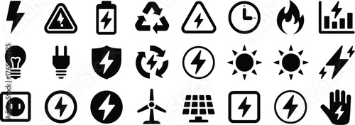 Electricity and renewable energy glyph vector set with lightning bolt battery plug solar panel and turbine icons – black pictogram collection for eco power safety engineering and industry