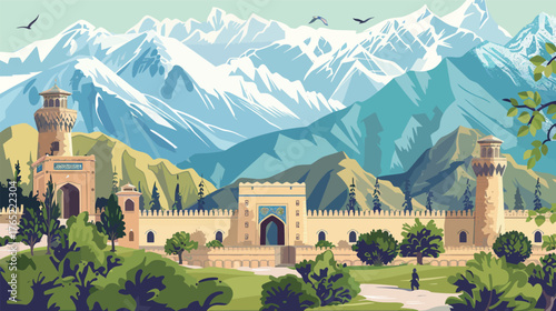 Central Asia background with traditional patterns and landscape elements