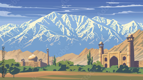 Central Asia background with traditional patterns and landscape elements