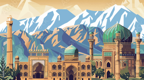 Central Asia background with traditional patterns and landscape elements