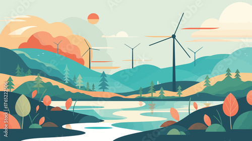 Clean flat design wind turbine — renewable energy vector illustration