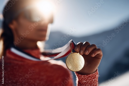 Close-up of athlete holding a gold medal against a sunny mountain background.  Concept for the 2026 Winter Olympics.