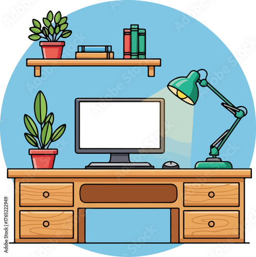 Tidy desk with plants, books, and lamp, perfect for office and studyrelated designs. Ideal for website banners and social media posts.