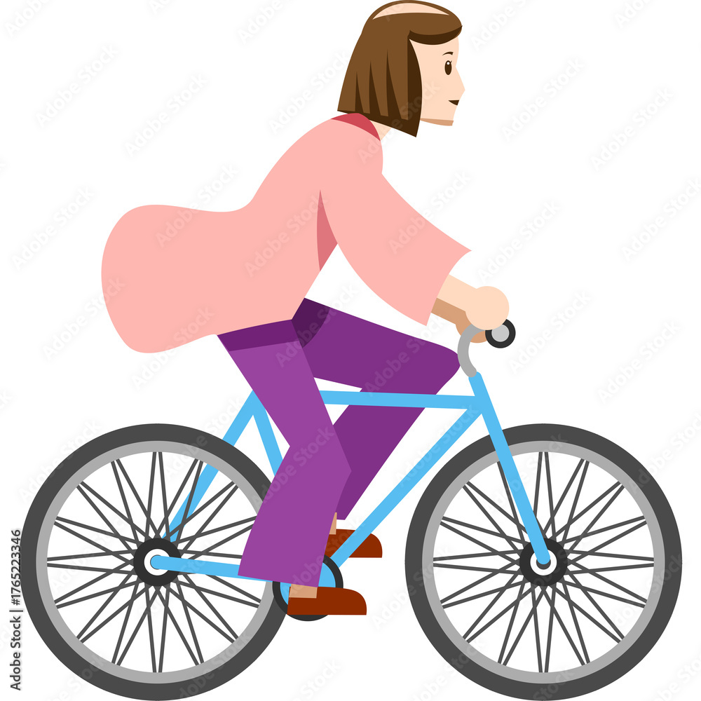 Obraz premium Pixel art illustration of a woman with short brown hair wearing a pink loose-fitting top and purple pants riding a blue bicycle on a transparent background.
