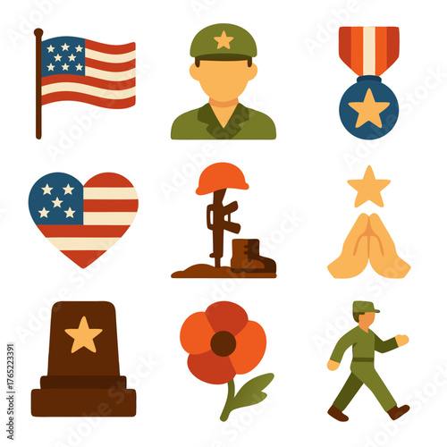 Veterans day icons represents collection of memorial icons honoring service and remembrance for veterans.