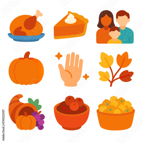 Thanksgiving day icons feature pumpkin pie, turkey, and family, perfect for holiday designs, invitations, social media posts, and festive promotions.