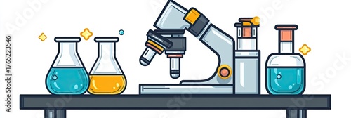 Cartoon lab setup with microscope, flasks, and solutions