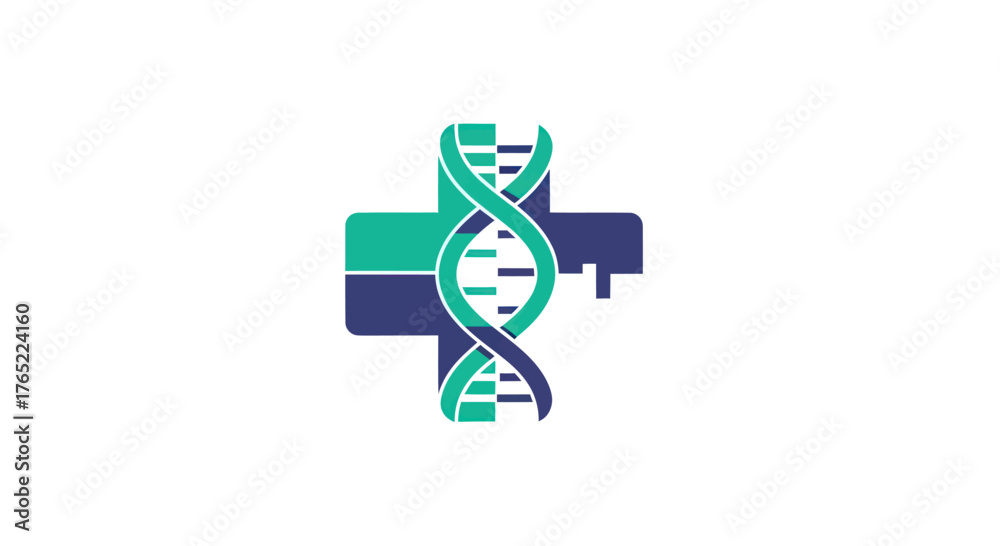 Fototapeta premium Medical cross with DNA helix genetic science logo icon.