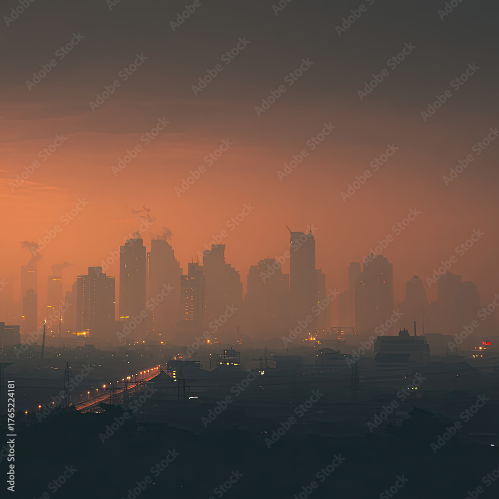 Fototapeta premium City Skyline Cloaked in Thick Smog and Haze