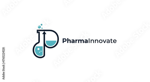 PharmaInnovate Logo with Stylized Beaker and Bubbles Representing Scientific Progress.