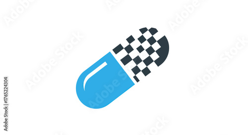 Fast acting medication capsule with a blue and checkered design.
