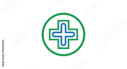 Medical cross symbol inside a green circle for healthcare and medicine.