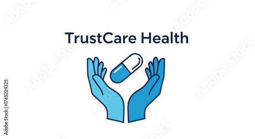 TrustCare Health logo featuring hands holding a capsule, symbolizing healthcare and wellness.