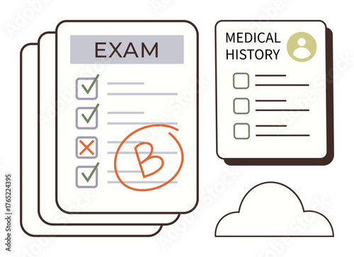 Exam sheet with checkmarks and a grade, alongside a medical history form. Ideal for education, healthcare, evaluation, documentation, performance tracking, record-keeping, simple flat metaphor