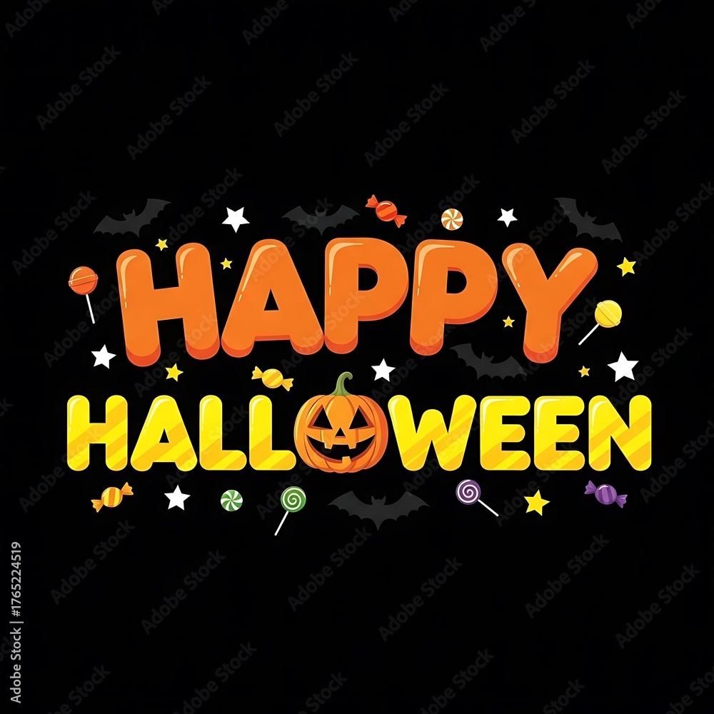 Fototapeta premium Happy halloween text with pumpkin and candy on black background
