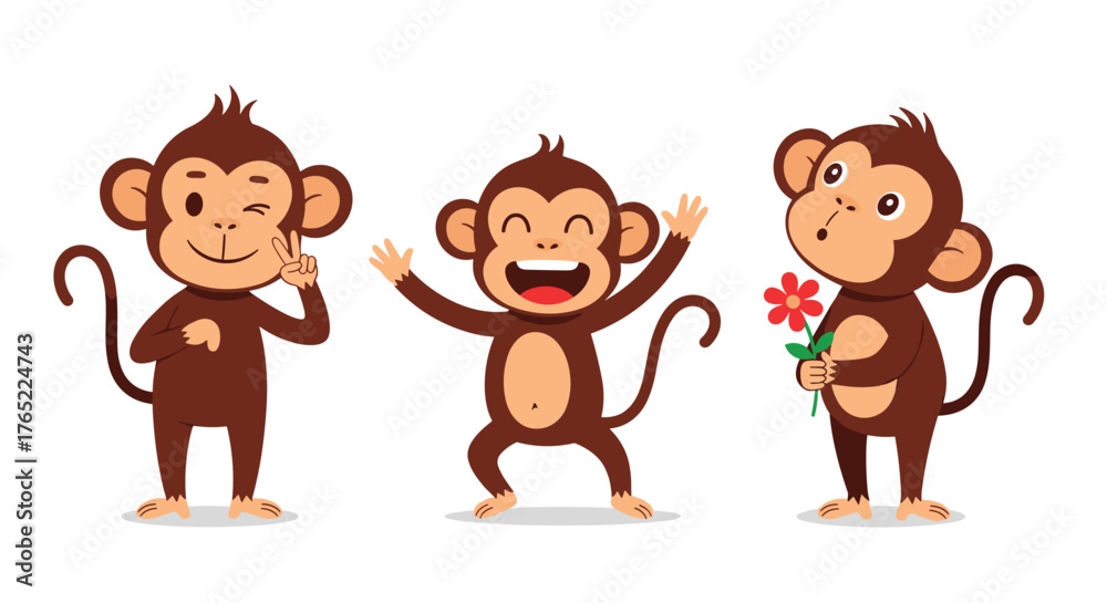 Fototapeta premium Three Cheerful Monkeys Expressing Joy and Playfulness.