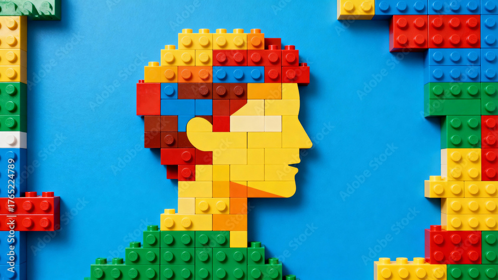 Fototapeta premium Lego figure head on blue background