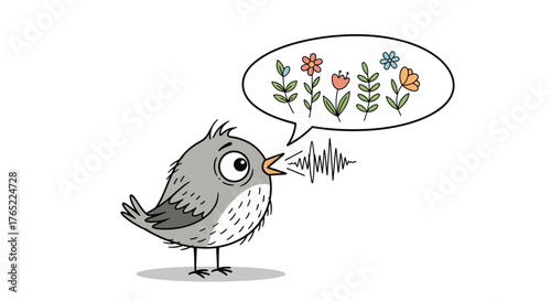 Cute cartoon bird singing a beautiful song about colorful flowers.
