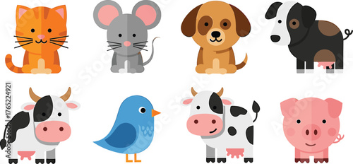 Adorable Cartoon Farm Animals and Pets in Flat Design Style kitten mouse
